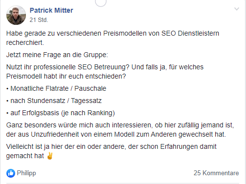 Facbook Post zu Preismodellen von SEO.