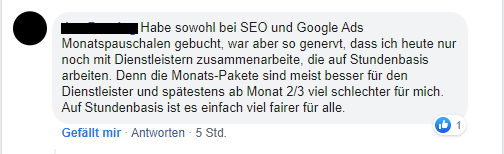 Ein Nutzer berichtet über seine Erfahrungen mit SEO Preismodellen.