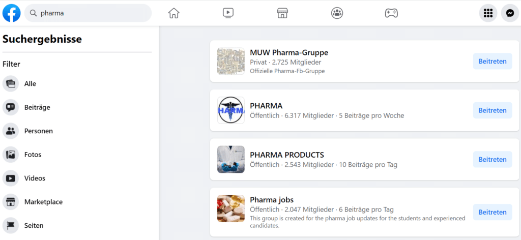 Die Ergebnisse der Suche auf Facebook mit dem Begriff "Pharma"