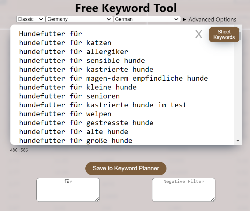 Die Recherche mit dem Keyword Sheeter