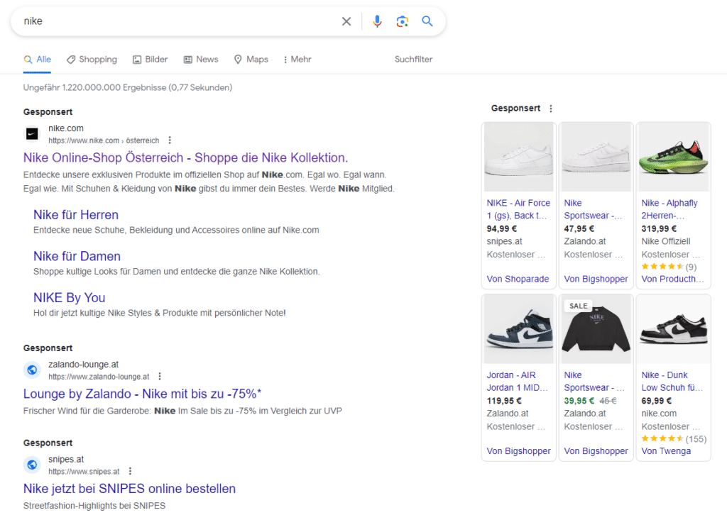 Bezahlte Anzeigen bei der Google-Suche nach dem Begriff "Nike"
