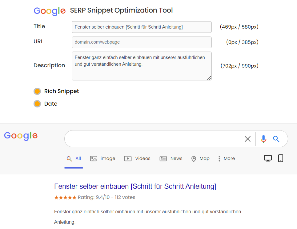 Alt Text: Das SERP Snippet Optimization Tool hilft bei der Erstellung der Meta Daten.