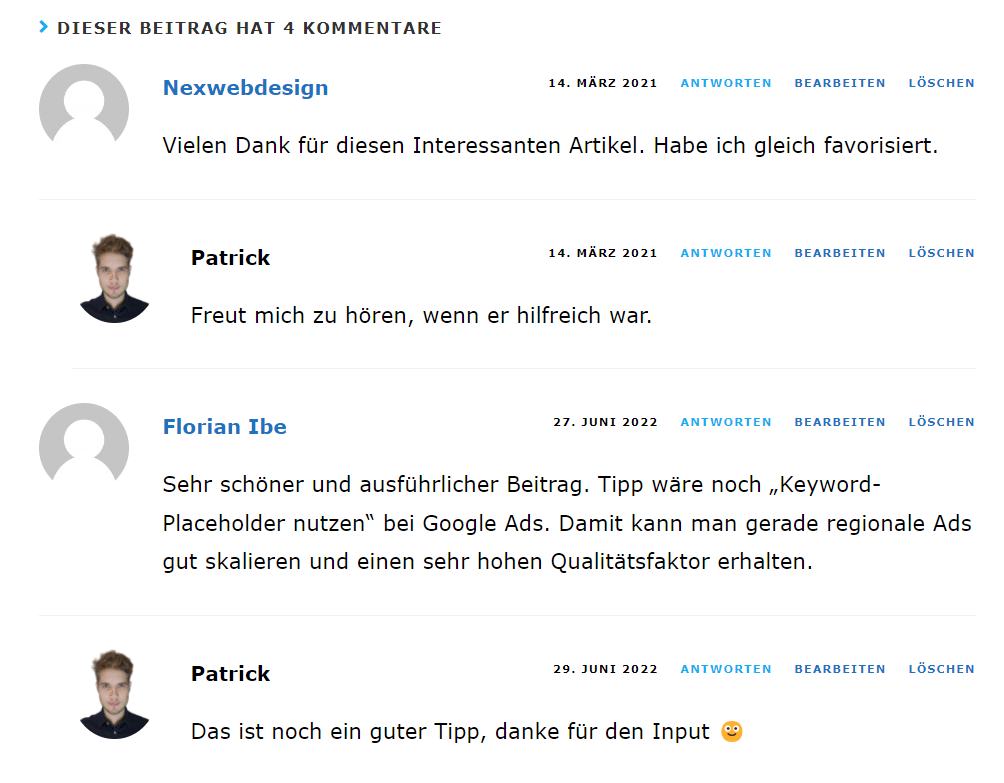 Die Kommentarspalte unter einem Beitrag unseres Blogs.